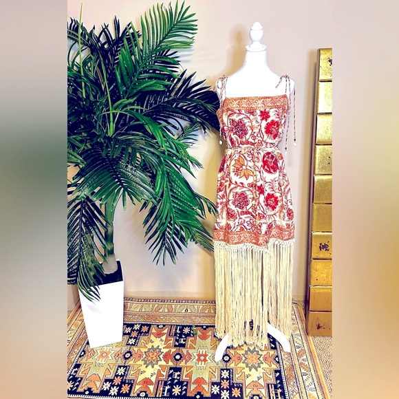 Zimmermann Dresses & Skirts - Zimmermann Vitali Sepia Floral Print Tie Waist Fringe Linen Dress - Size 3